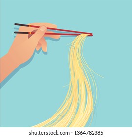 hand holding chopsticks with noodle asian food vector illustration eps10