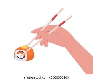 Hand holding chopsticks with sushi on isolated background. 

Vector illustration in a flat style


