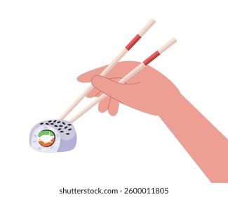 Hand holding chopsticks with sushi on isolated background. 

Vector illustration in a flat style


