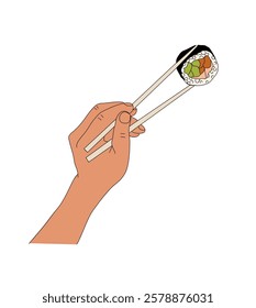 Hand holding chopsticks with sushi roll. Asian cuisine and culture, wooden sticks for eating Japanese and Chinese food. Outlined vector illustration isolated on white background