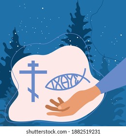 Hand is holding christianity symbols. Orthodox Christmas with cross and ichthus fish. Jesus signs.Background with coniferous forest and snow. Religious holiday.Vector in flat style