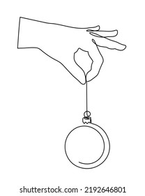 Hand, die Weihnachtsball hält, eine Linie Kunst, durchgehende Kontur.Handgezeichnete Handpalme mit Spielzeug für das neue Jahr, festliches Element.Für Urlaubskarten für das neue Jahr, Farbbuch, Plakate, Banner, Kalender,Druck.Bearbeitbarer Strich