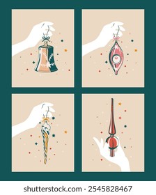 Hand holding Christmas bell decoration illustrations in retro style. Xmas colorful decoration and stars, vector vintage print illustration. Greeting card, invitations, wallpaper, print.