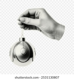 Hand holding a Christmas toy. Trendy element with halfton effect for a greeting card, collage, cover design.