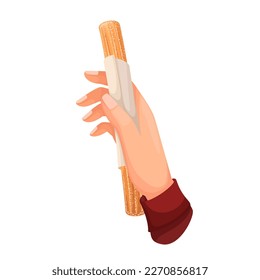 Hand holding churro in paper packaging vector illustration. Cartoon isolated hand of person with sweet churro stick, customer eating street food, tasty dessert for breakfast with sugar powder cover