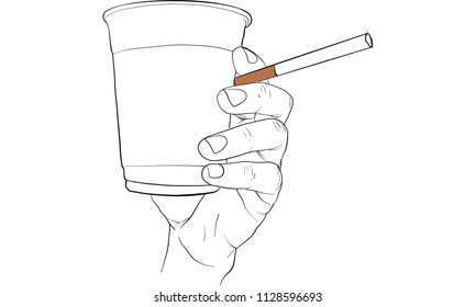 hand holding cigarette & cup vector