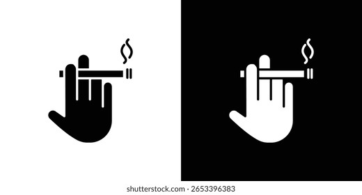 Mão segurando ícone de cigarro silhueta preta para web, e aplicativo móvel
