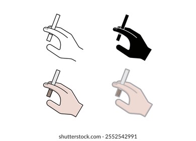 Hand holding cigarette icon in line, silhouette, cartoon and sticker styles.