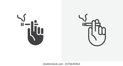 Hand holding cigarette icon set in black flat solid and outlined style.