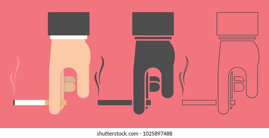Hand holding cigarette icon in three different style. Smoking concept