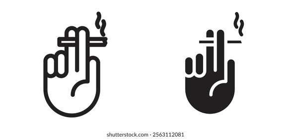 Hand holding cigarette icons in black line and filled versions