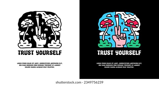 Hand holding cigarette with mushroom, illustration for logo, t-shirt, sticker, or apparel merchandise. With doodle, retro, groovy, and cartoon style.