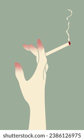 Woman’s hand holding a cigarette retro style illustration. Nicotine addiction concept banner. Modern vector flat icon with texture for web and print. 