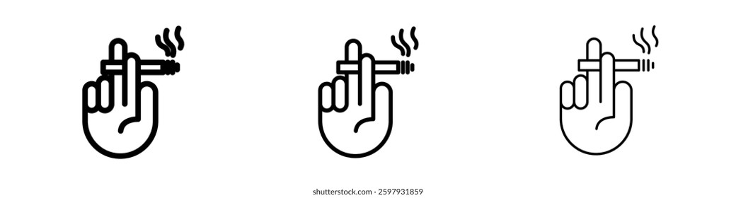 Hand holding cigarette thin line vector icon set.