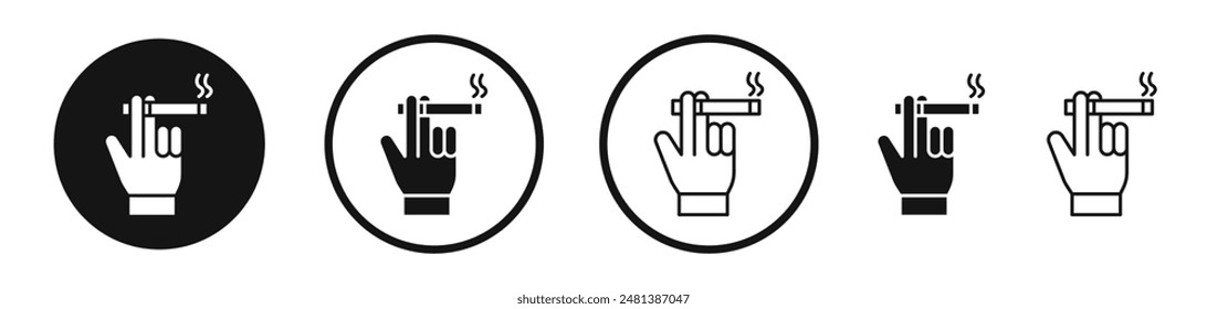 Hand holding cigarette vector icon set in black and white color.