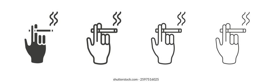 Hand holding cigarette vector icon set in black and white color.