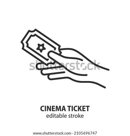 Hand holding cinema ticket line icon. Entertainment, cinema symbol. Editable stroke.