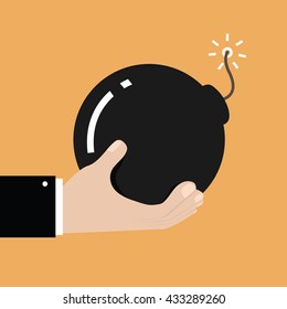 Hand holding circle shaped bomb with burning fuse. vector