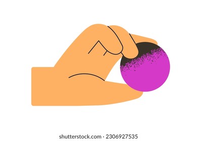 Hand holding circle, simple round geometric shape. Fingers squeezing ball, cycle figure. Showing element, detail. Business, education concept. Flat vector illustration isolated on white background