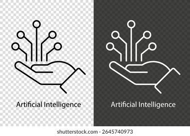 Hand holding circuit lines symbolizing Artificial Intelligence. Vector icon on transparent background, shown in black and white versions. Pixel perfect. Editable stroke