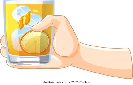 Hand holding a citrus drink with ice cubes