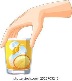 Hand holding a citrus drink with ice cubes