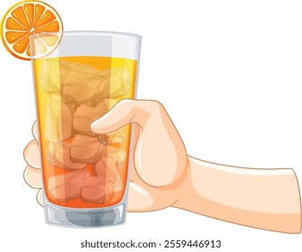 Hand holding a citrus drink with ice cubes