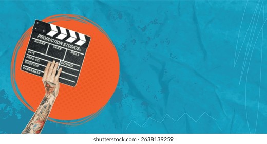 Hand holding clapper board making video cinema in studio. Movie production clapper board. Action, theatre day
