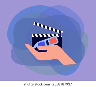 Hand holding clapperboard and 3D glasses. Clapper board and red and blue glasses as symbol of cinema flat vector illustration. Cinema, entertainment, film industry concept for banner or landing page