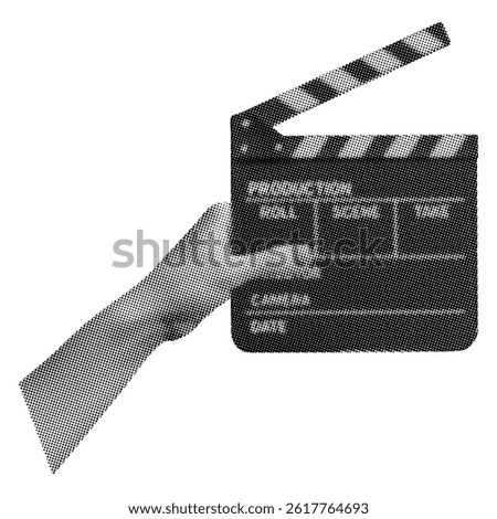 hand holding clapperboard isolated on white background retro halftone dotted cut-out vintage collage element for mixed media filmmaking design grunge black dots magazine style pop art object