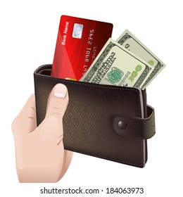 Hand holding classic leather wallet with credit card and money bills isolated vector illustration