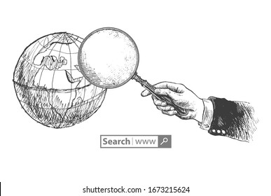 Hand Holding Classic Styled Magnifying Glass With Globe Icon. Analyzing The World. Illustration. Global Search Vintage Victorian Era Engraving Style Retro Vector Lineart Hand Drawn Illustration