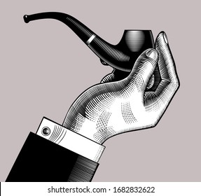 Hand holding a classic tobacco pipe. Vintage engraving black and white stylized drawing. Vector illustration