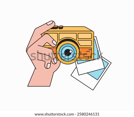 Hand holding a classic yellow camera with printed photos cartoon illustration vector hand drawn retro