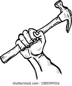 A hand holding a claw hammer for workers' union concept. Hand drawn vector illustration. 