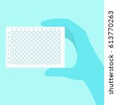 Hand holding clean pcr plate with 96 wells. Stock vector illustration for aids disease diagnostics, cure research.