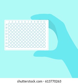 Hand holding clean pcr plate with 96 wells. Stock vector illustration for aids disease diagnostics, cure research.