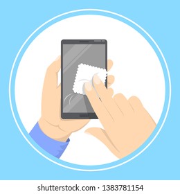 Hand holding and cleaning mobile phone screen with a napkin. Dirty smartphone display with microbes. Isolated vector illustration in cartoon style