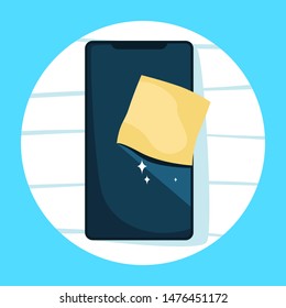 Hand holding and cleaning mobile phone screen with a napkin. Dirty smartphone display with microbes. Isolated vector illustration in cartoon style