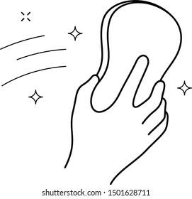 Hand holding a cleaning sponge. Vector outline icon.