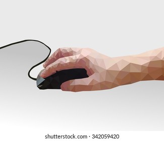 Hand Holding and Clicking Computer Mouse poly vector graphic.