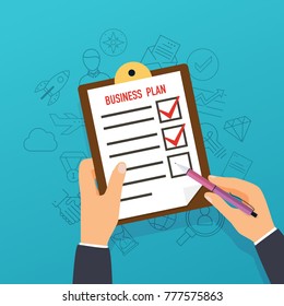 Hand holding clipboard with business plan.  Flat design modern vector illustration concept.