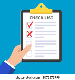 Hand holding clipboard with check list claim form on it, paper sheets, check marks tick OK and crosses X in the checkbox, isolated on light blue background flat style design vector illustration