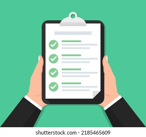 Hand holding clipboard with checklist in a flat design. Vector illustration