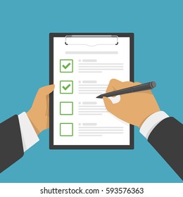 Hand holding clipboard with checklist with green check marks and pen. Businessman filling control list on notepad. Concept of Survey, quiz, to-do list or agreement. Vector illustration in flat style.