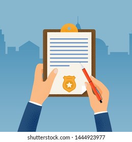 Hand holding clipboard with checklist and pen for police report. Traffic, parking fine, citation, crime report, problems with police, subpoena concepts. Vector illustration.