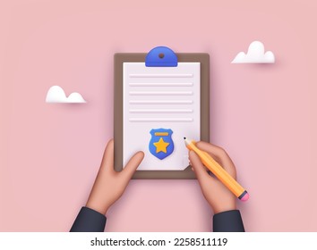 Hand holding clipboard with checklist and pen for police report. Traffic, parking fine, citation, crime report, problems with police, subpoena concepts. 3D Web Vector Illustrations.