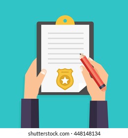 Hand holding clipboard with checklist and pen for police report. Traffic, parking fine, citation, crime report, problems with police, subpoena concepts. Vector illustration.