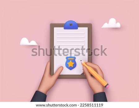 Hand holding clipboard with checklist and pen for police report. Traffic, parking fine, citation, crime report, problems with police, subpoena concepts. 3D Web Vector Illustrations. Imagine de stoc © 