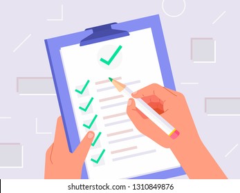 Hand holding clipboard with checklist and pencil. Flat design. Vector illustration